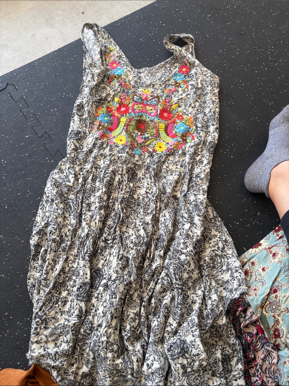 Boho Black & White Maxi Dress with Bright Floral Embroidery